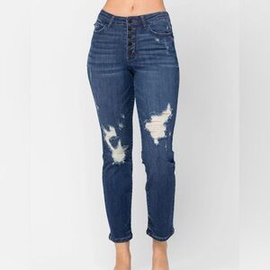 Judy Blue High Waist ZigZag Button Fly Distressed Boyfriend Fit Jeans Size 13/31